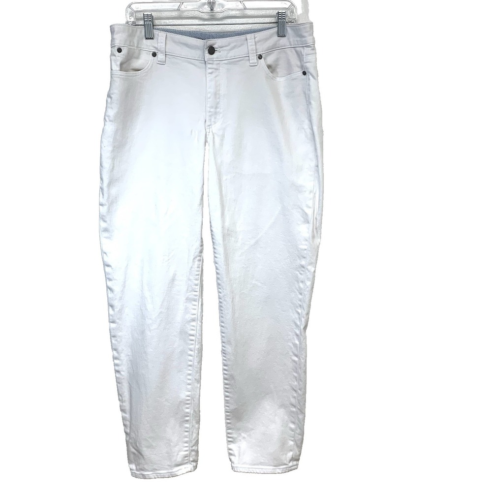 Talbots Boyfriend White Jean Mid‎ Rise Taper Stretch Pockets Sz 12 Travel READ